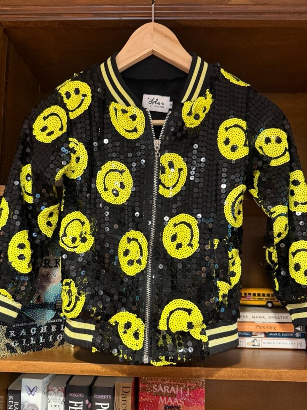Lola + The Boys Black Yellow Smiley Face Sequin Bomber Jacket, Toddler Size 4